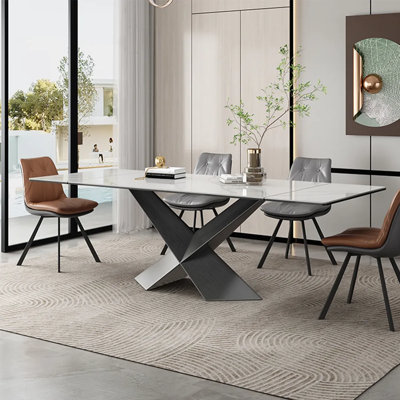  63-95"Extendable Modern Dining Table for 4-10, White Glossy Sintered Stone Tabletop, Rectangular Kitchen Table with black X-Shaped Steel Legs