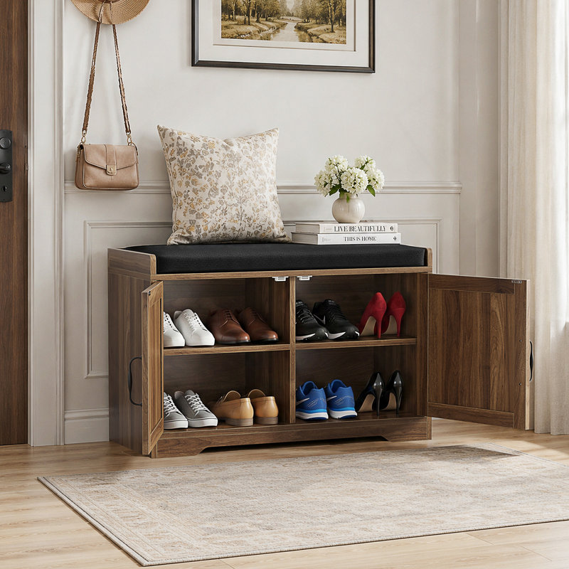 Banc à chaussures d'entrée avec portes doubles et siège rembourré