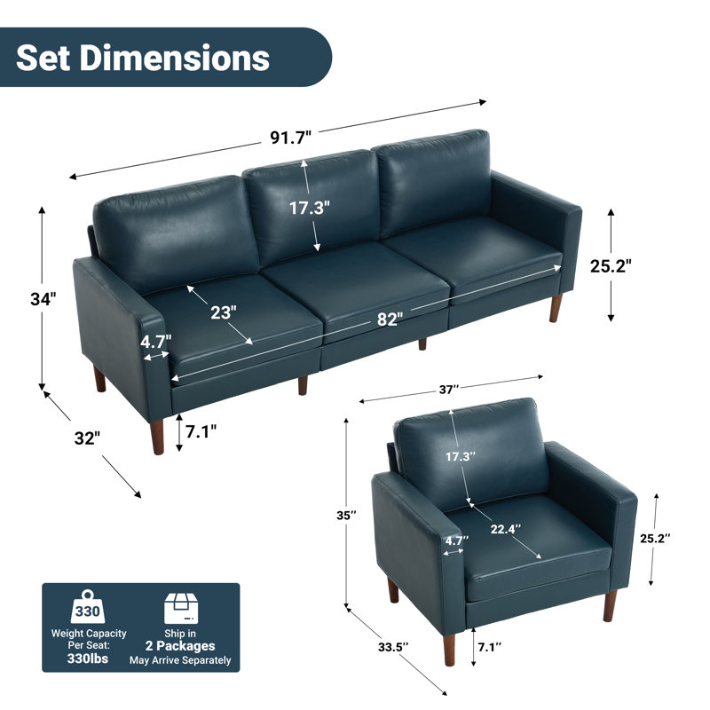 Ensemble de salon et de chaise d'appoint moderne rembourré et canapé 3 places, mobilier Mid-Century, Similicuir bleu