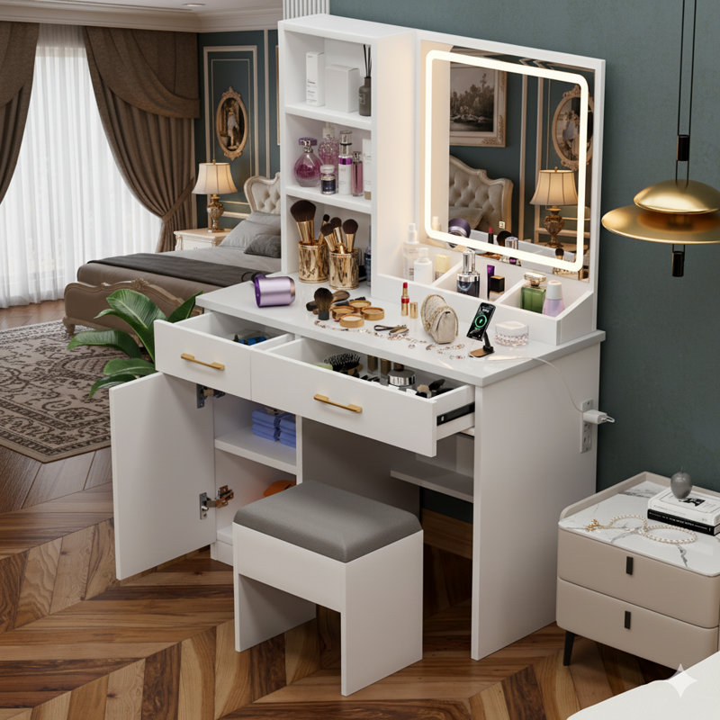 32'' Wide Makeup Vanity With Lighted Mirror And Power Outlet, Dressing Table With Cushioned Stool