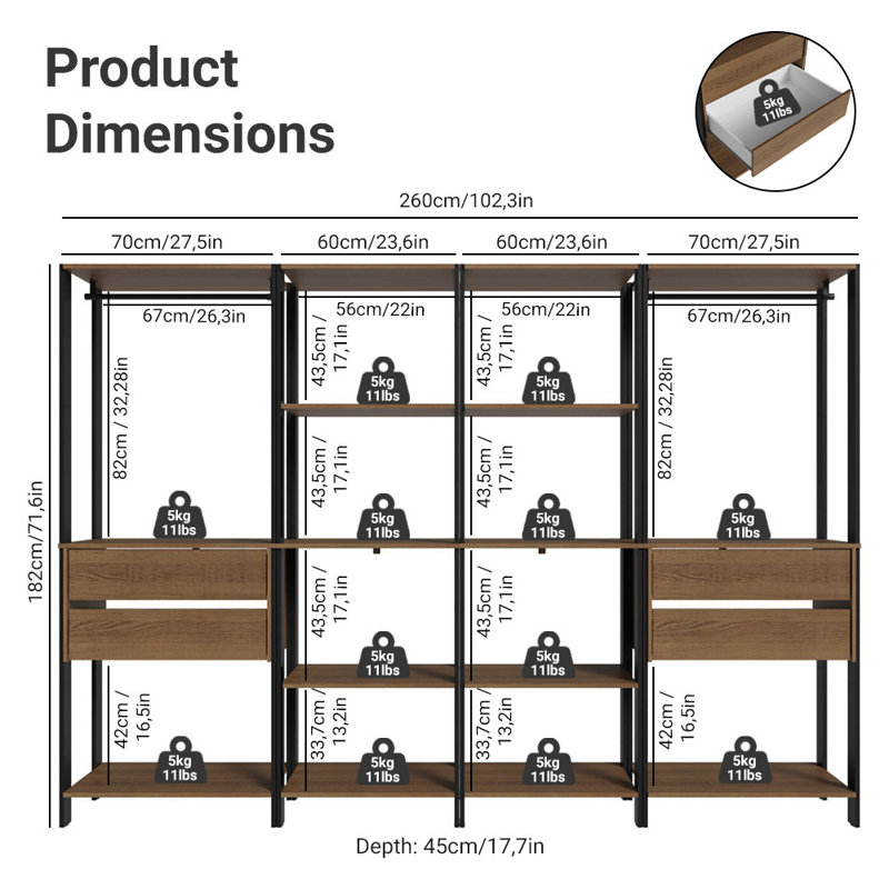  Wardrobe Clothes Storage Rack with 4 Drawers, Open Shelves and Hanging Spaces 102"L Multiuse Modular Cabinet for Bedroom Organization - Black/Brown