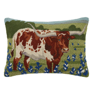 Longhorn in Bluebonnets Wool Hook Throw Pillow