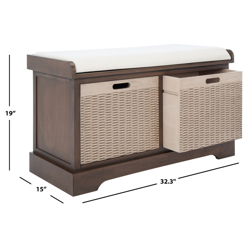 Landers Pine Storage Bench - 32" Entryway Cushion Seat with 2 Basket Drawers, Farmhouse Style, Brown