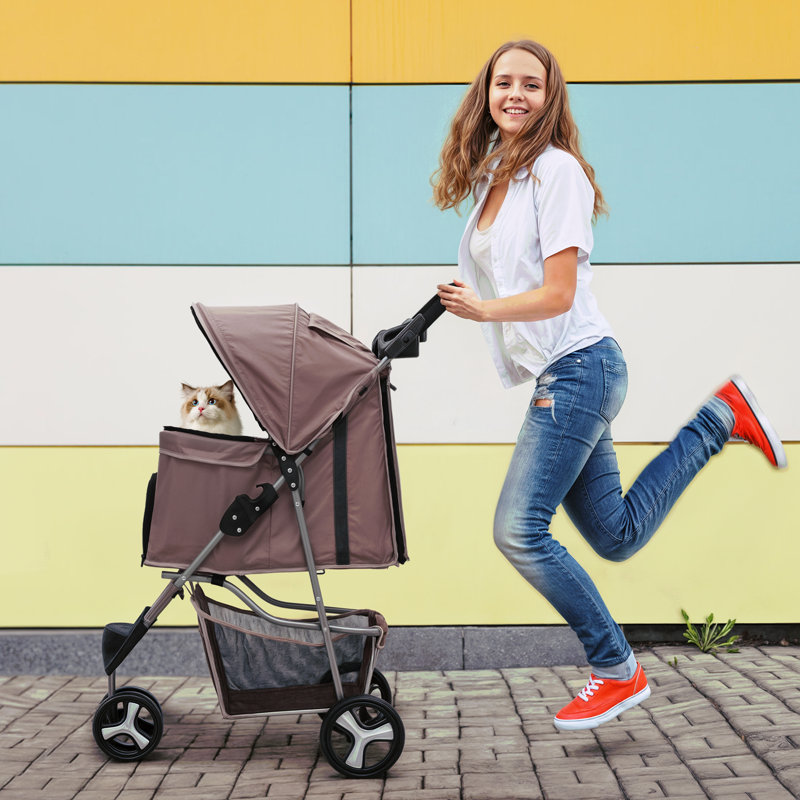 Foldable Pet Stroller, 3 Wheels Folding Carrier Jogger Stroller for Dogs Cats with Canopy and Basket, Coffee