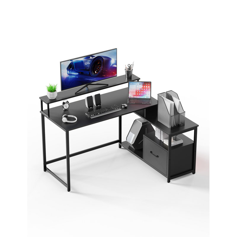 L-Shaped Metal Base Computer Desk, Rustic Brown, 29.92" H x 55.51" W x 39.37" W