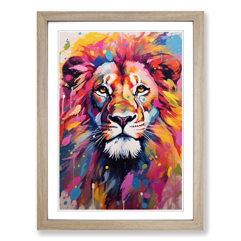 Lion Colour Field - Single Picture Frame Print on Wood, 46cm H x 34cm W x 2cm D, Oak