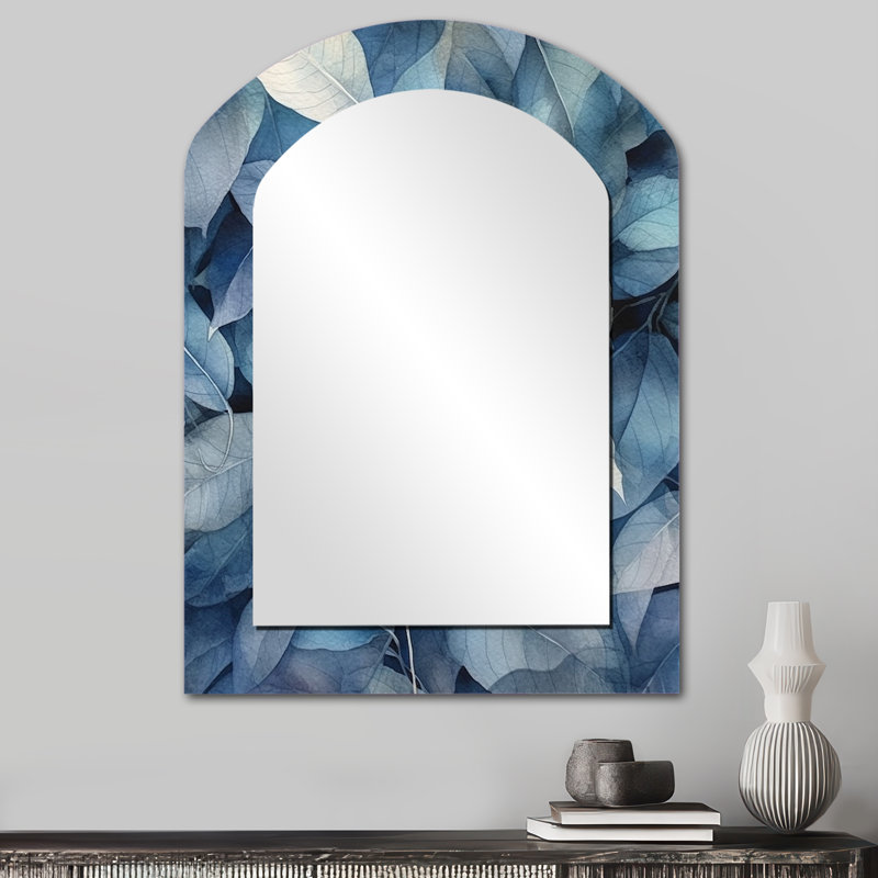 Teal Grey Leafs Harmony - Floral Asymmetrical Decorative Wall Mirror, Traditional Arch Mirror, Printed Metal Art, 34" x 25"