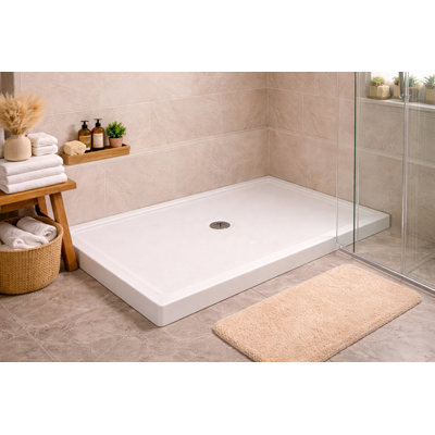 Deervalley 54"L X 32"W Shower Base In White, Acrylic Rectangle Single-Threshold Shower Pan, Center Drain, Non-Slip Shower Tray