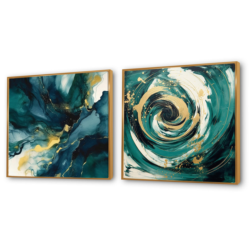 "Bleu foncé et coups d'or XX" - 2 pièces, Cadre flottant doré, H 16 po x l 33 po