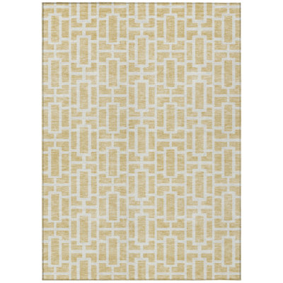 3' X 5' Wheat And Ivory Geometric Washable Indoor Outdoor Area Rug