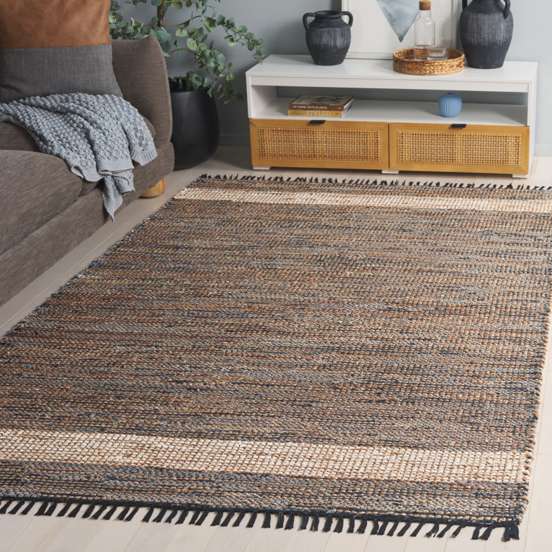 153 Hand Woven Denim/Jute/Cotton Rug in Navy/Beige, Rectangle 5' x 8'