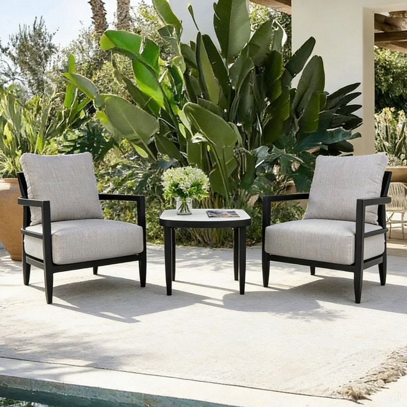 Ensemble de mobilier d'extérieur en aluminium 3 pièces, ensemble de conversation avec fauteuil club entièrement soudé, coussins Sunbrella et table d'appoint Elegance Arc 23,6 po avec plateau en pierre frittée d'inspiration marbre blanc grec