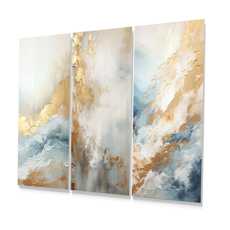 Beige Blue Gold Ocean Storm - Abstract Collages Metal Wall Decor Set Of 3, 28" H x 36" W