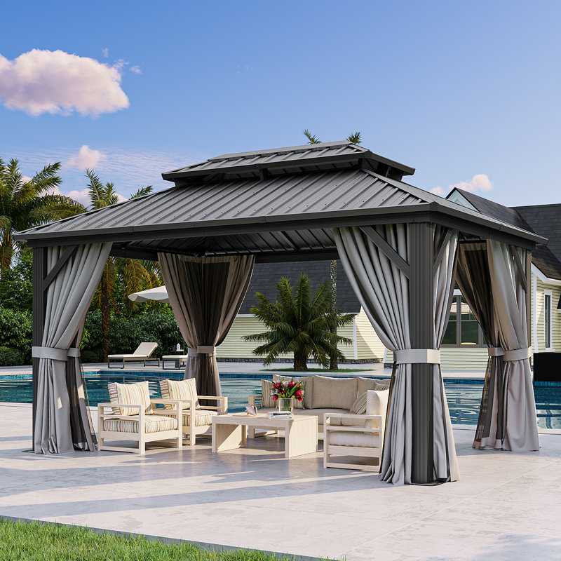 Aluminum Permanent Patio Gazebo with Double Roof, 14 Ft. W x 10 Ft. D