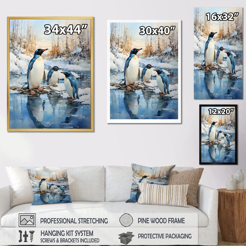 «Penguins Antarctique Elegance II», reproduction sur toile, Cadre flottant naturel, H 44 po x l 34 po x P 1,5 po