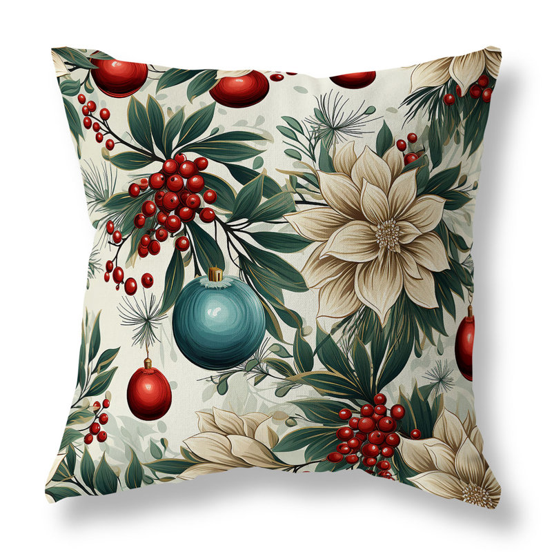 Oreiller réversible intérieur / extérieur Festive Flurries, Floral beige / rouge / vert, H 26 po x l 26 po