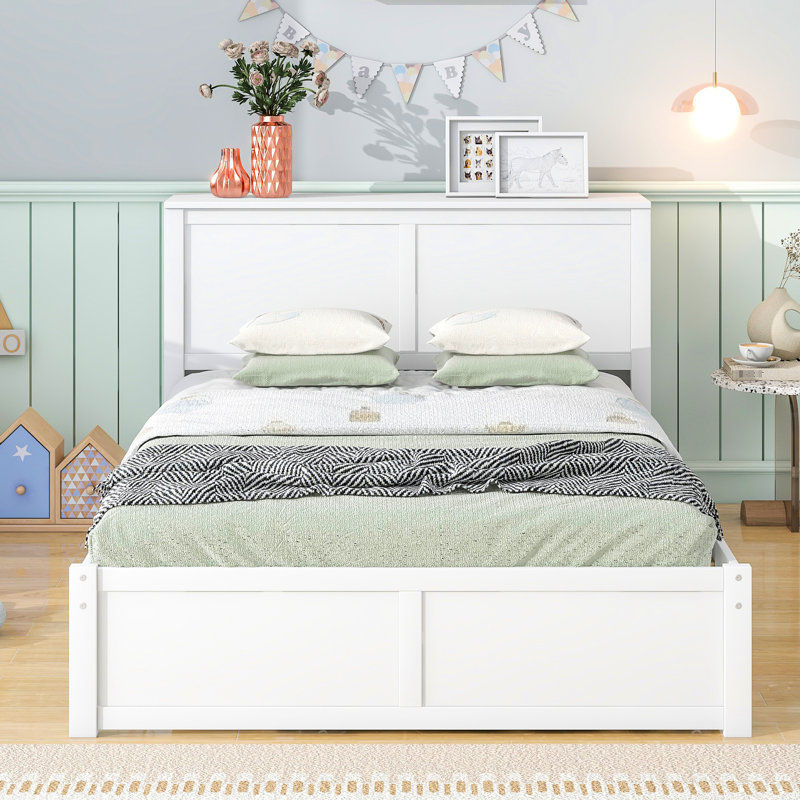 Lit double blanc avec tablettes coulissantes et lit gigogne simple - Bois massif conçu pour un espace de repos harmonieux