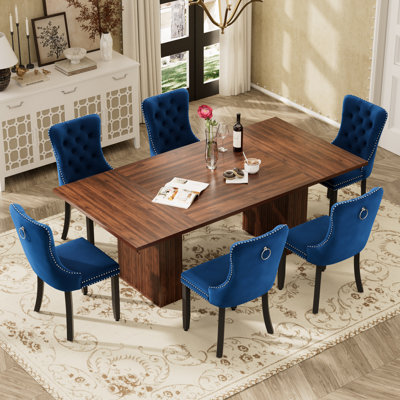 Wooden Farmhouse Dining Table Set, Rectangle Dining Table with Storage with Tufted Velvet Dining Chair for Dining Room
