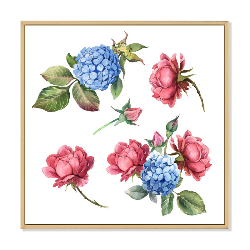 Rose rose et hortensia bleu avec feuilles - Peinture sur toile, H 30 po x l 30 po x P 1 po, Cadre flottant en érable