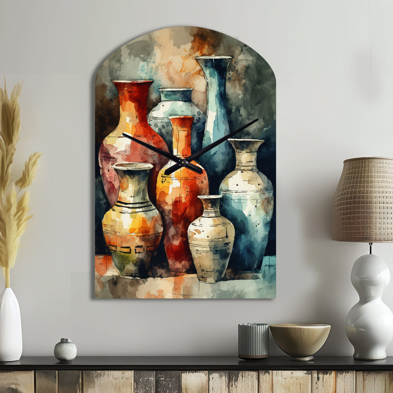 Orange And Green Boho Pottery - Arch Shape Large Orange Wall Clock Sculpture, Medium