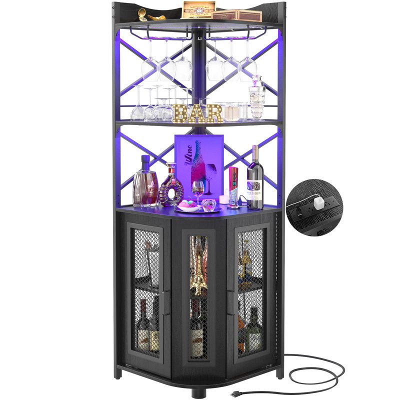 Xachary 64.2 ”Height, 25.6''Width Conner Bar Cabinet with Wine Storage and Led Strip, Black