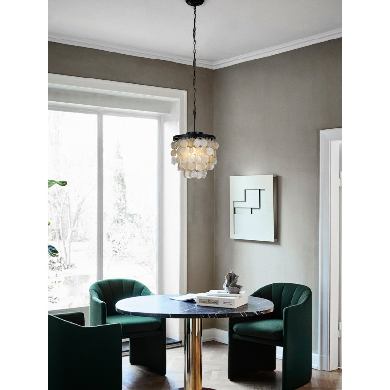 Dickison 3-Light 13" Capiz Shell Chandelier 5 Tiered Coastal Seashells Pendant Light, Black
