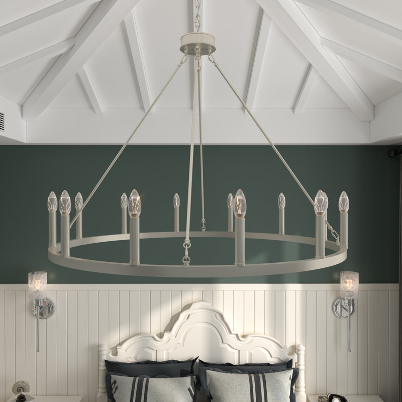 Beck 12 - Light Living Room Steel Dimmable Candle Style Wagon Wheel Chandelier UL Certified, Nickel Dust