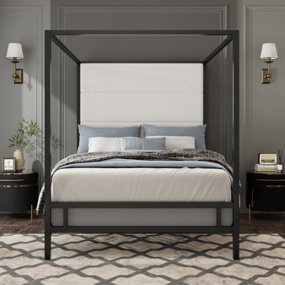 Velvet Fabric Upholstered Canopy Bed Metal 4-Poster Bed by Mercer41