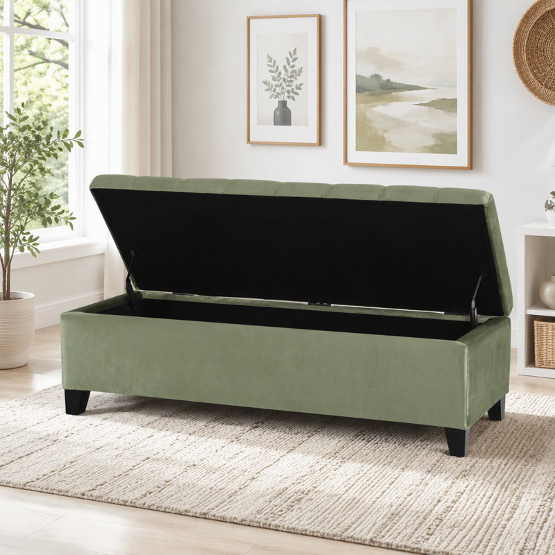 Repose-pieds avec rangement, repose-pieds rectangulaire, banc de rangement rembourré, Vert pâle