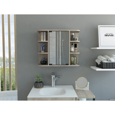 Armoire à pharmacie Milan, miroir à six tablettes extérieures, trois tablettes internes - gris clair