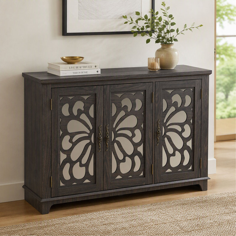 Buffet de 125,3 cm (49,33 pouces) avec 3 portes miroir et étagères réglables, meuble de rangement fini brun pour salon et salle à manger