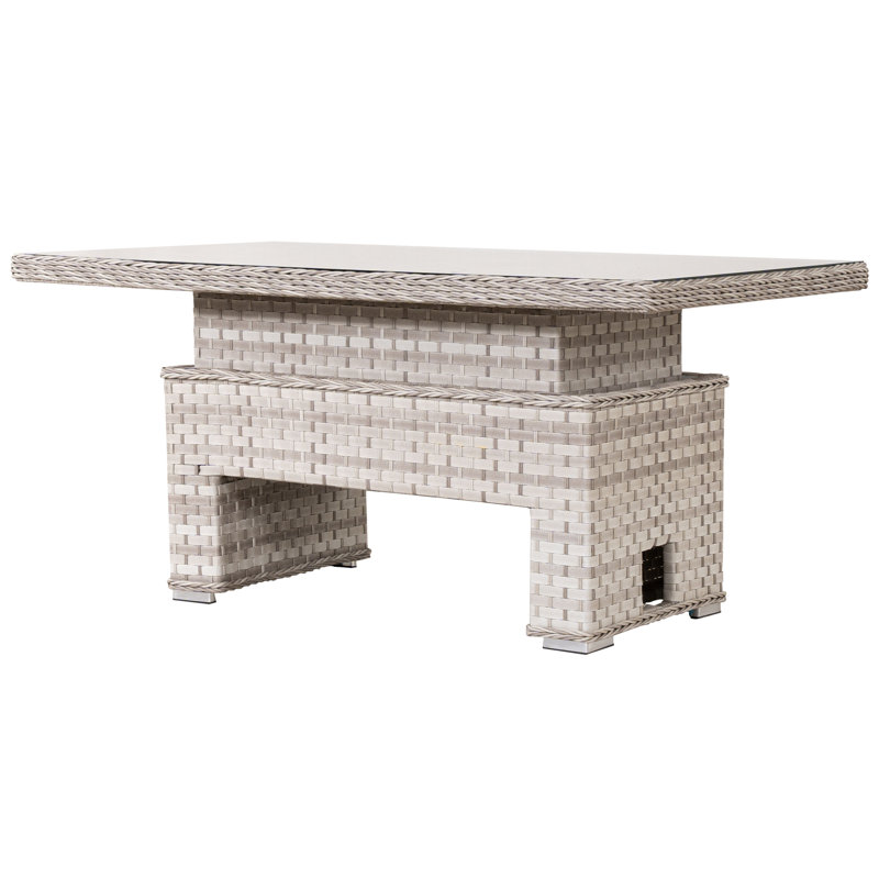 Table basse d'extérieur rectangulaire en résine tressée, hauteur réglable, plateau en verre, 145 cm de large
