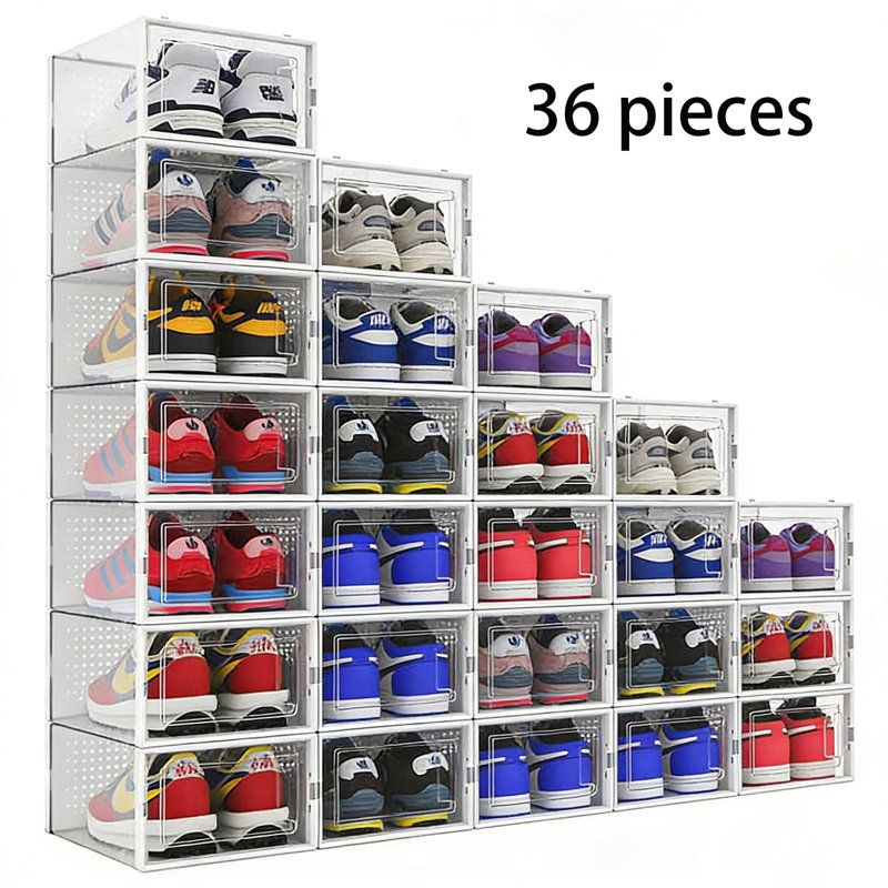 Clearview Stackable & Foldable Shoe Storage Boxes - 12 Pack, Transparent Plastic Organizers For Closet, Entryway