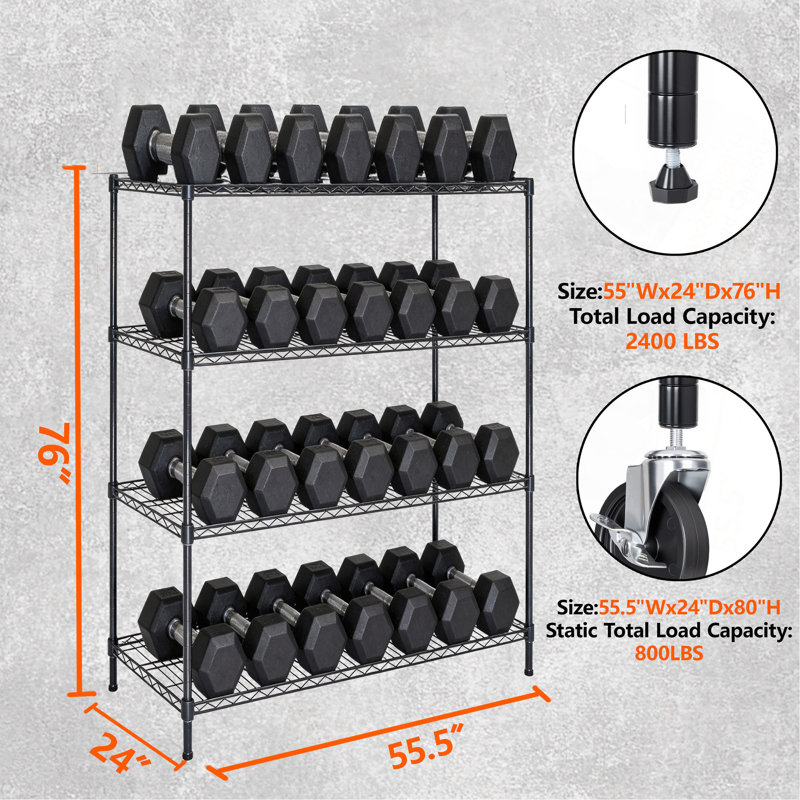 Étagères de rangement robustes en métal avec roulettes l 55,5 po x P 24 po x H 80 po, 4 niveaux réglables, capacité de 2400 lb, étagère de garage, rangement industriel roulant