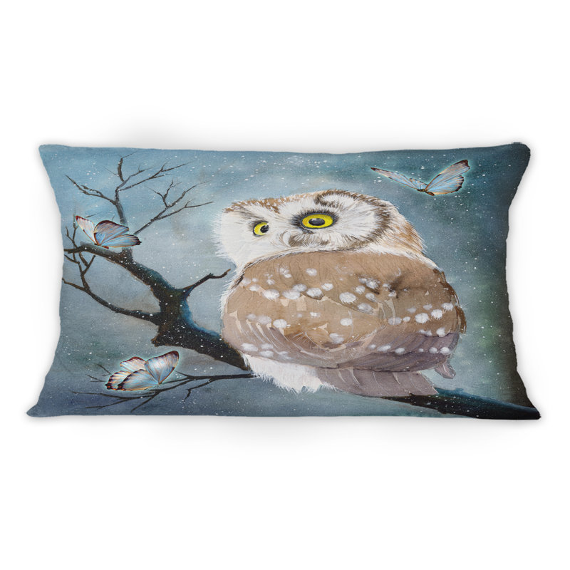 Un hibou avec des plumes brunes claires et des taches blanches - Coussin décoratif imprimé traditionnel 1
