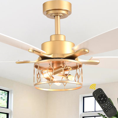  52" Gold Farmhouse Ceiling Fan with Light and Remote, 6 Speed Reversible DC Motor Industrial Ceiling Fan for Living Room, Patio