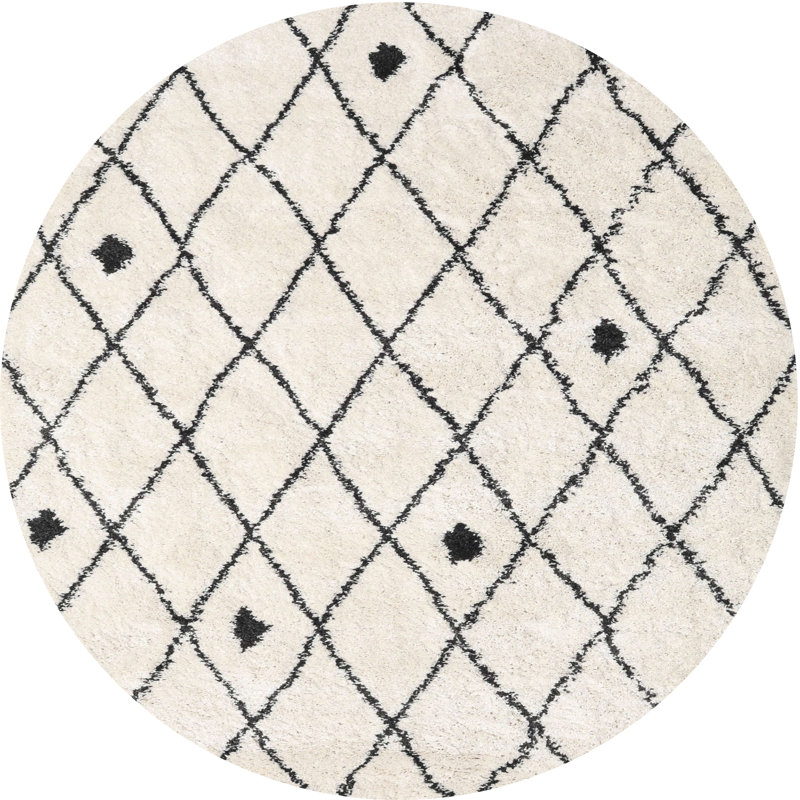 Tapis blanc/noir contemporain, Rond 8 pi