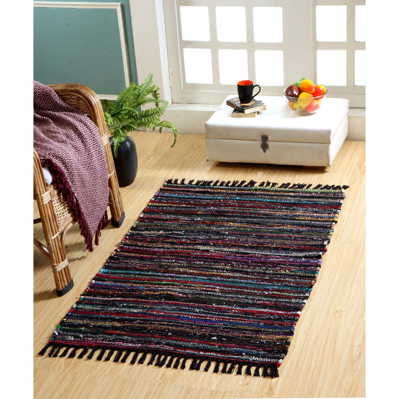 Marone Striped Cotton Hand Woven Area Rug, Rectangle 90 x 150cm