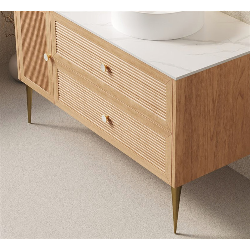 Armoire de salle de bain autoportante 48 po avec comptoir en pierre frittée blanc Carrara, deux tiroirs et une porte, sans lavabo