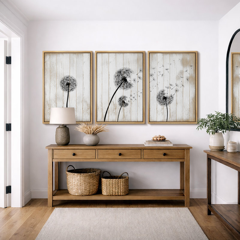 Blowing Dandelion On Wood Effect Background Artwork, Modern Rustic Farmhouse Wall Pictures, Framed Canvas Giclée Print 3 Pieces Wall Art" 16"x24"x3 pcs, 24"x36"x3 pcs