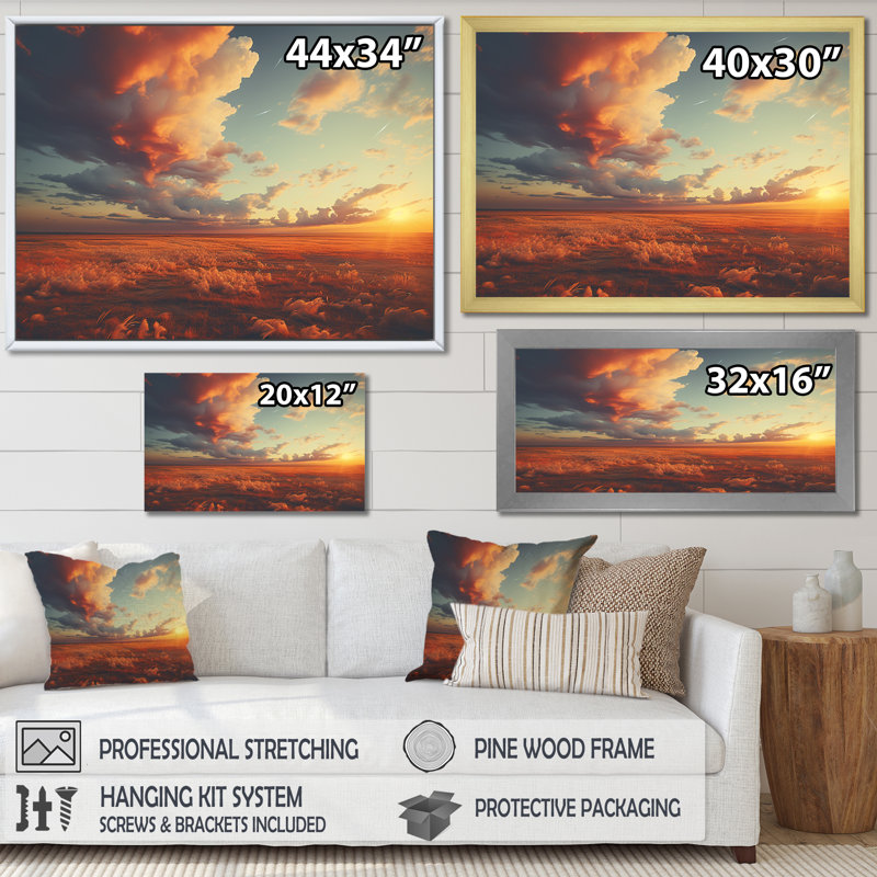 «Sunset Summer Meadows - Prairies», reproduction sur toile, Cadre simple blanc, H 16 po x l 32 po x P 1 po