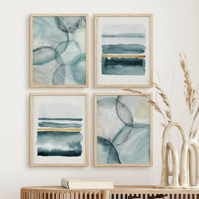 «Blue and Gold Watercolor Paint Strokes Abstract Shapes Abstract Minimalisme», impressions encadrées sur papier, impression de 4 pièces