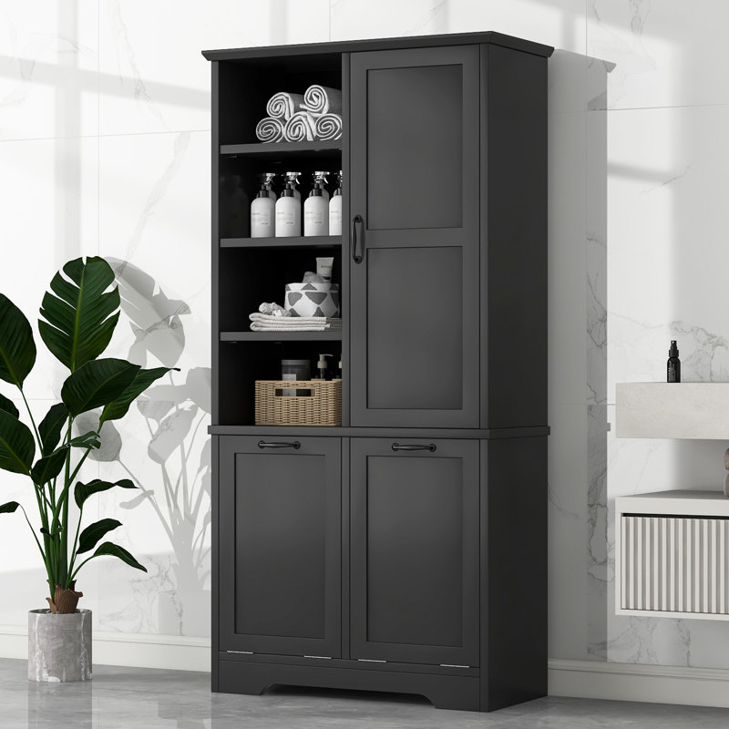 Black Freestanding Bathroom Storage Cabinet With Tilt-Out Laundry Hamper, Doors, Drawers, And Adjustable Shelf | Gift Idea