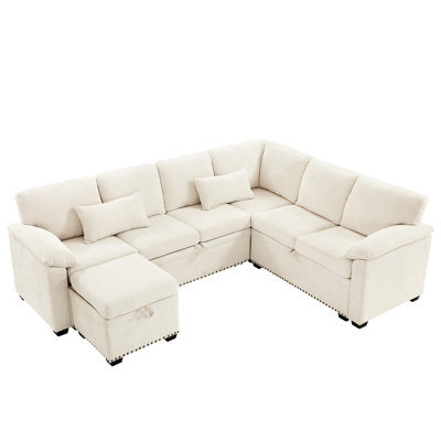 97 Inch Beige Sectional With 7 Seating Options, Storage For Living Space Chenille Seats, , L-shaped