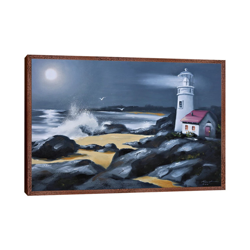 Lighthouse With Moonlight by D. "Rusty" Rust - Floater Frame Gallery-Wrapped Canvas Giclée on Canvas, Brown