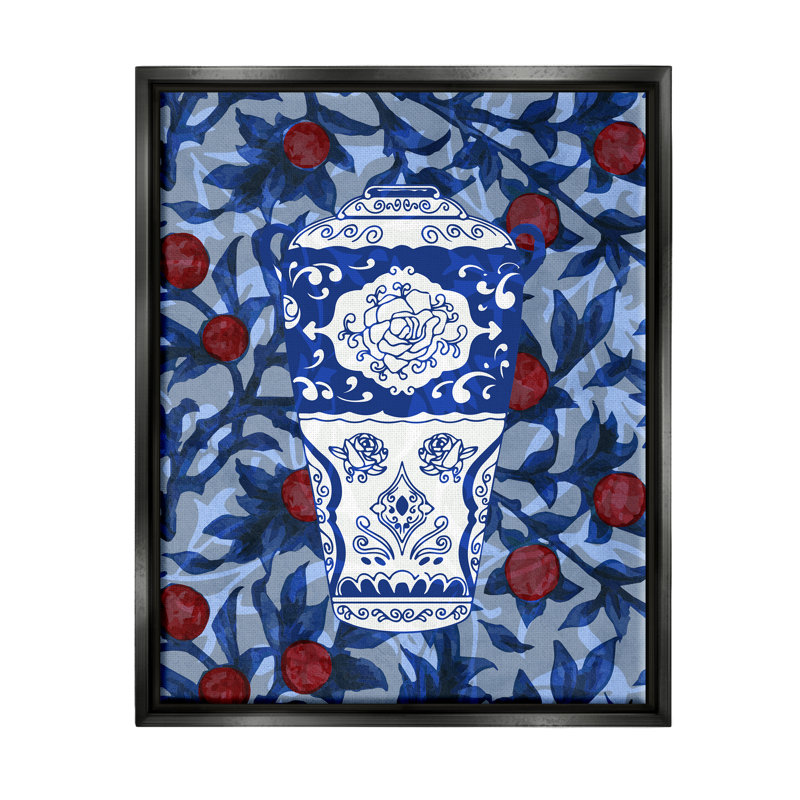 "Ornate Vase" rouge et bleu par Lil 'Rue, impression, Cadre flottant noir de jais, L 17 po x H 21 po x P 1,7 po