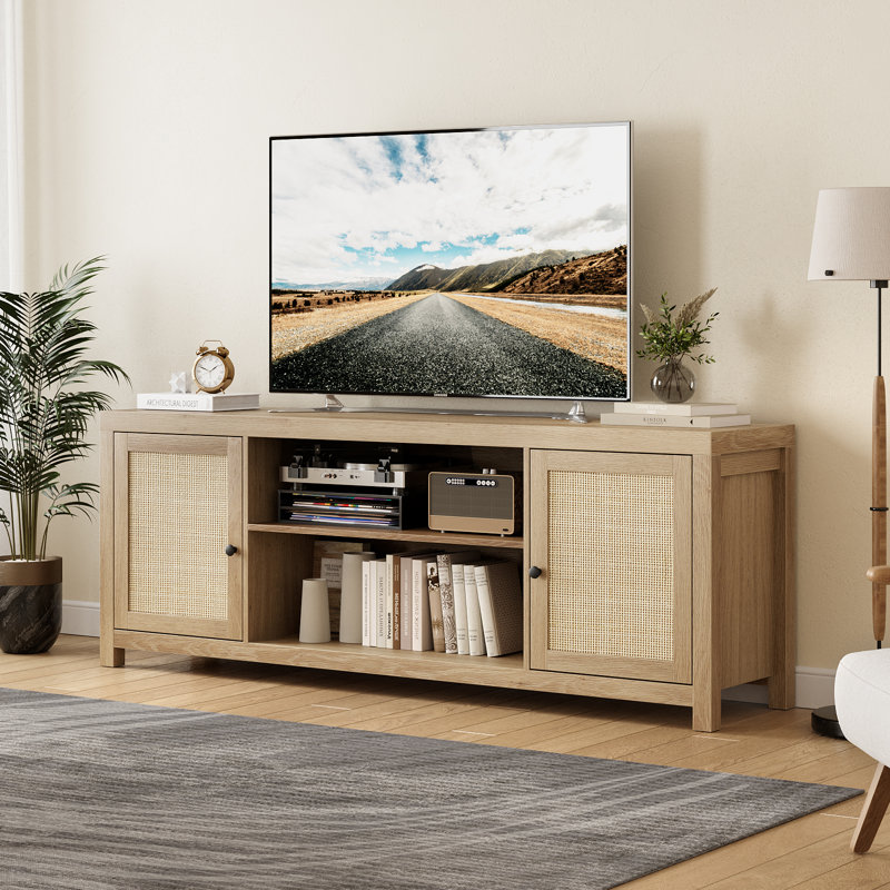 Meuble télé avec 2 armoires de rangement en rotin Boho, centre de divertissement pour téléviseur de 75 po ou moins Boho
