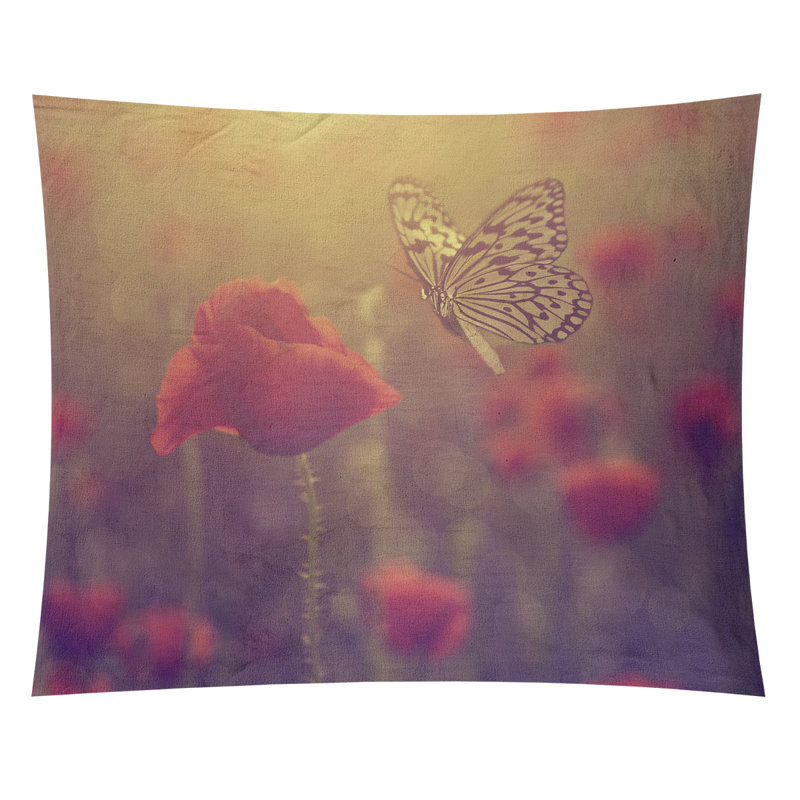 Tapisserie papillon et rose Bourbeau, H 27,5 po x l 37,5 po, Intérieur / extérieur