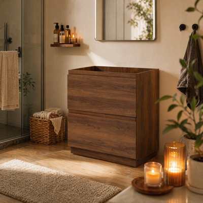 Base de meuble-lavabo 30 po avec tiroirs doubles, armoire de rangement autoportante, bois d'ingénierie au fini brun pour salle de bain moderne