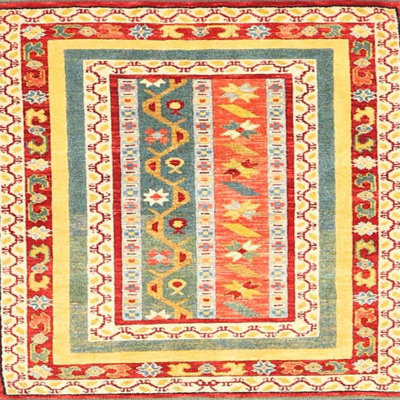 Tapis contemporain jaune / rouge / gris clair